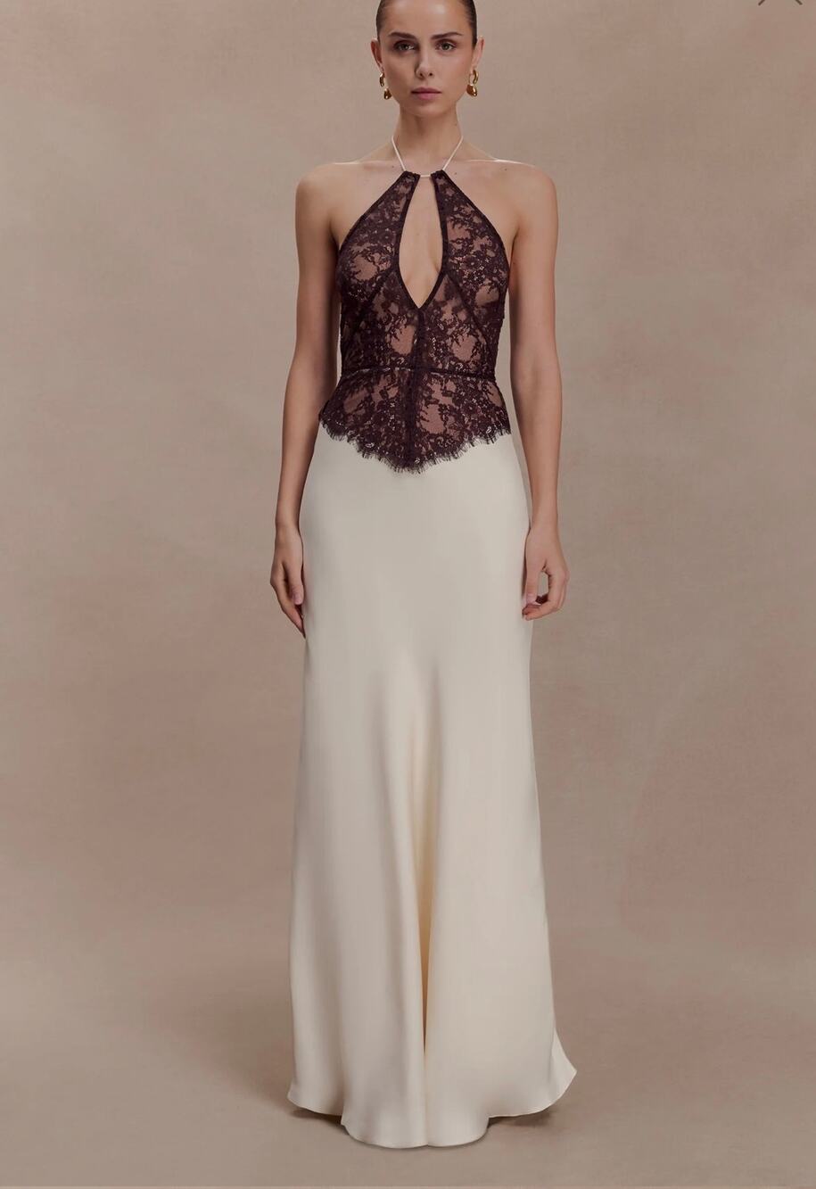 New Meshki Lace And Satin Halter Maxi Dress - Ivory/Chocolate M $185